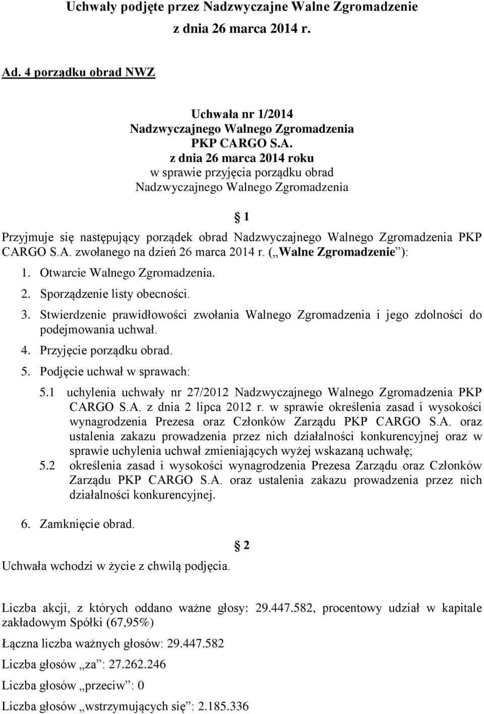 Stwierdzenie prawidłowości zwołania Walnego Zgromadzenia i jego zdolności do podejmowania uchwał. 4. Przyjęcie porządku obrad. 5. Podjęcie uchwał w sprawach: 5.