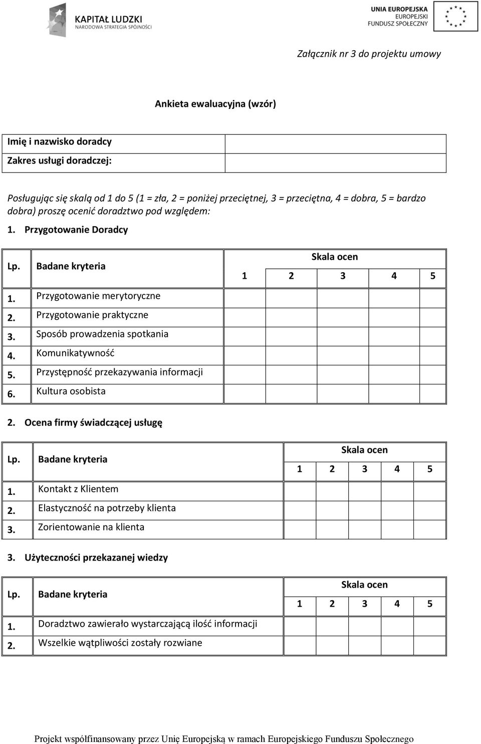 Sposób prowadzenia spotkania 4. Komunikatywność 5. Przystępność przekazywania informacji 6. Kultura osobista 2. Ocena firmy świadczącej usługę Lp. Badane kryteria Skala ocen 1 2 3 4 5 1.