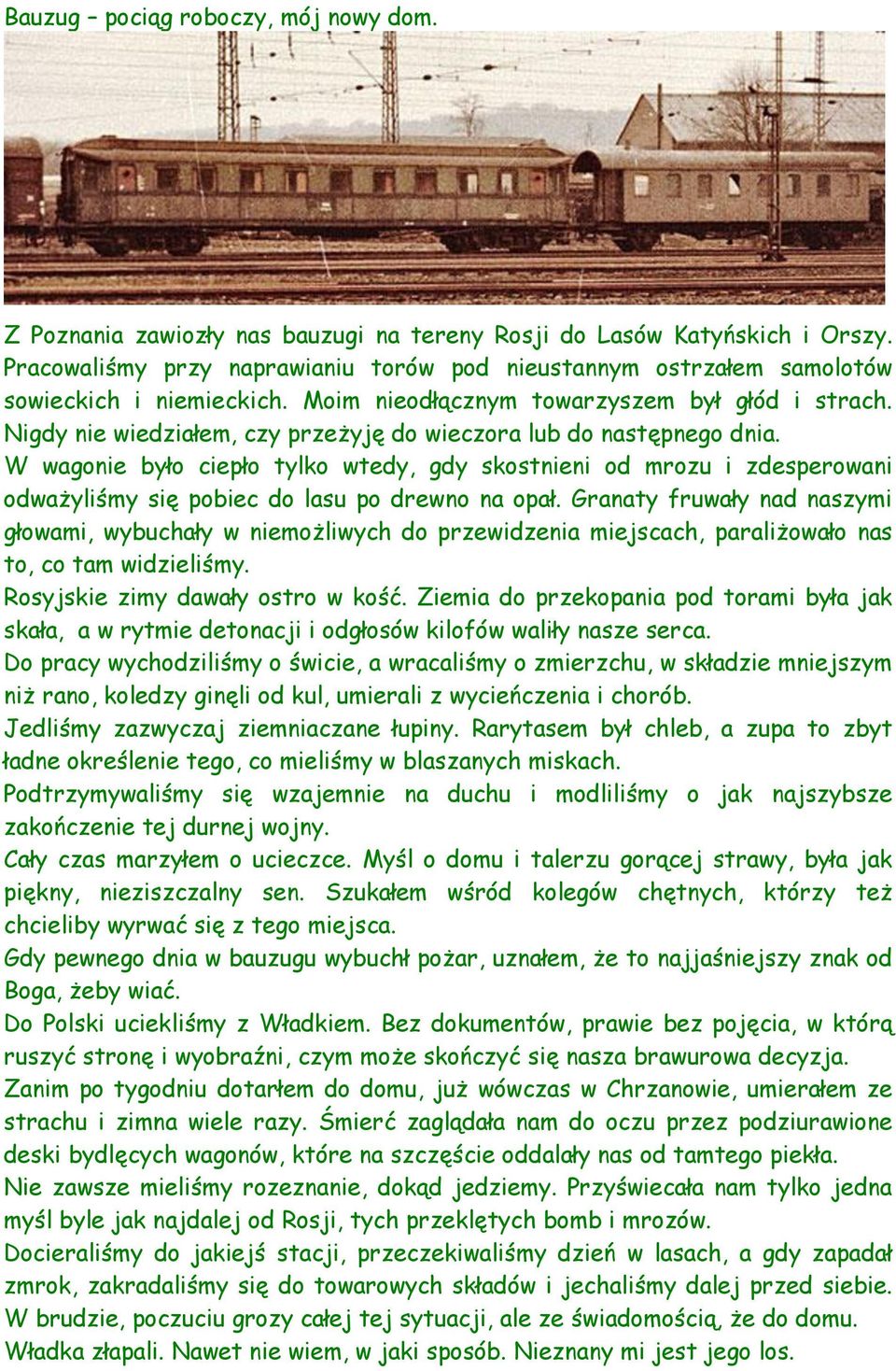 Nigdy nie wiedziałem, czy przeżyję do wieczora lub do następnego dnia. W wagonie było ciepło tylko wtedy, gdy skostnieni od mrozu i zdesperowani odważyliśmy się pobiec do lasu po drewno na opał.