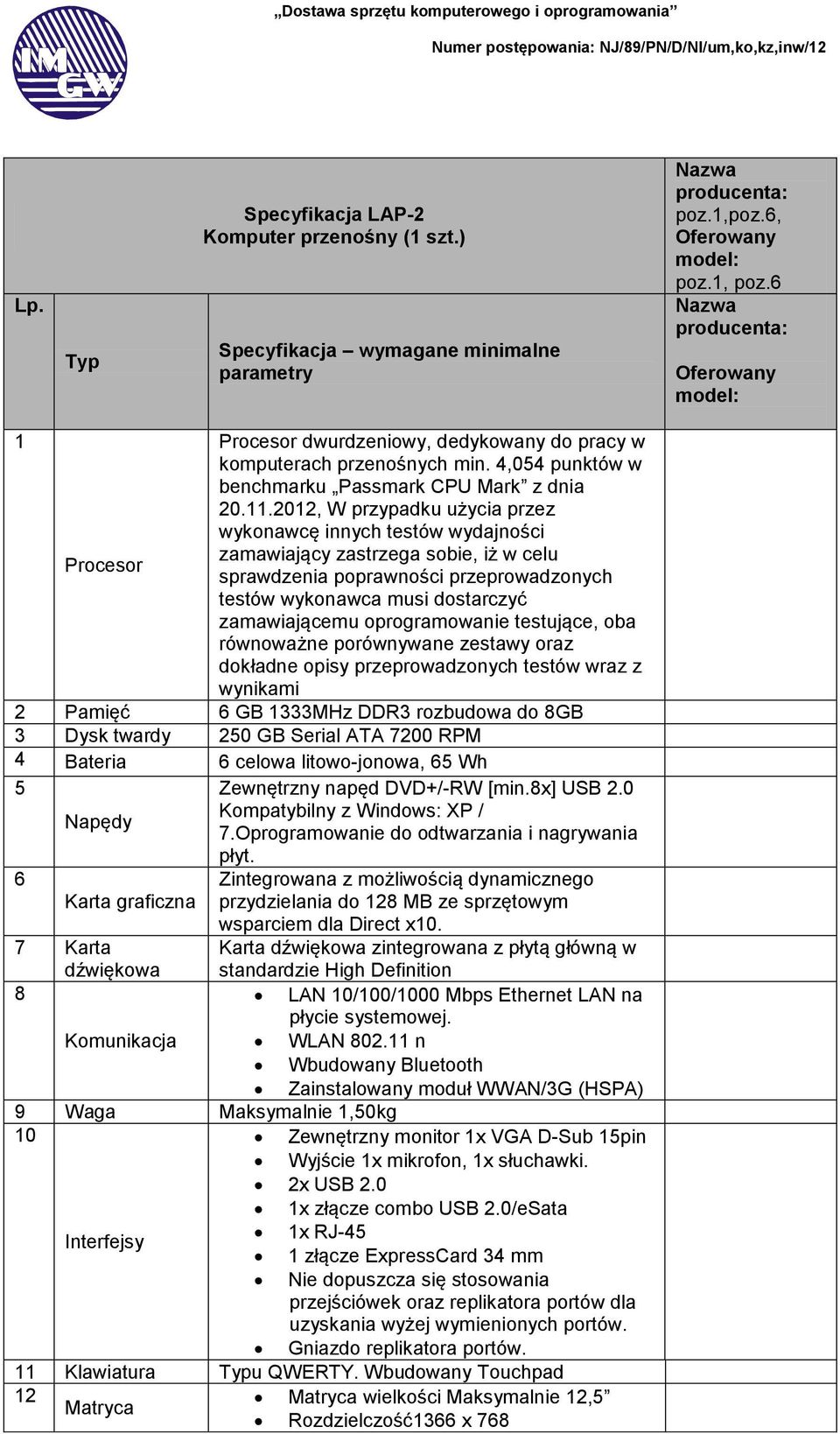 2012, W przypadku użycia przez wykonawcę innych testów wydajności Procesor zamawiający zastrzega sobie, iż w celu sprawdzenia poprawności przeprowadzonych testów wykonawca musi dostarczyć