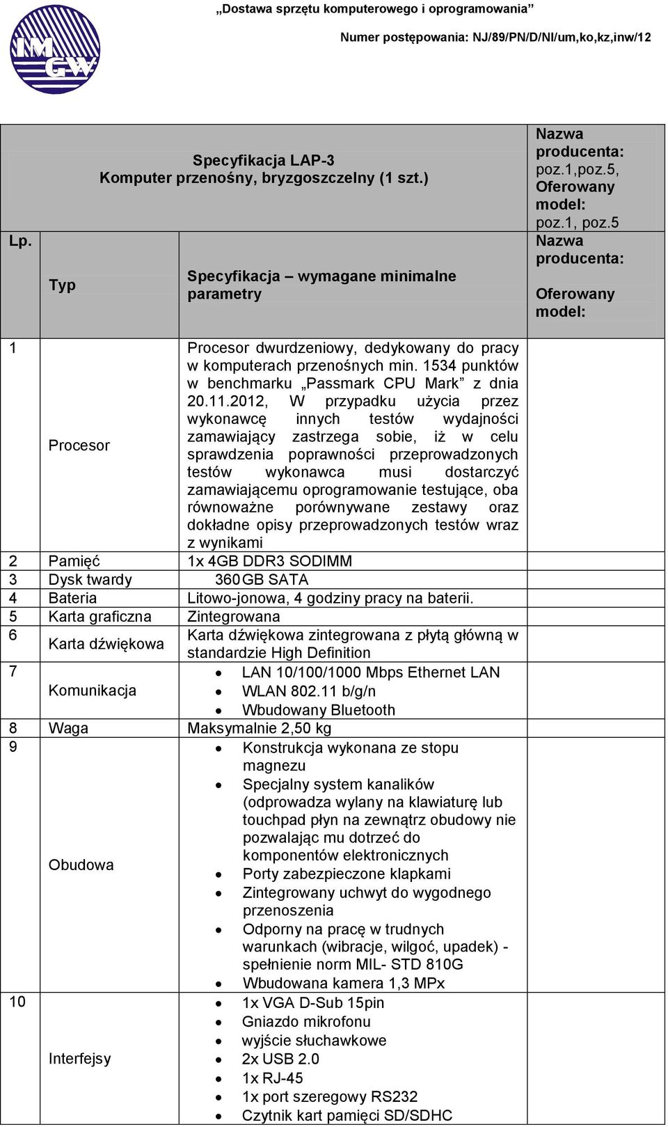 2012, W przypadku użycia przez wykonawcę innych testów wydajności Procesor zamawiający zastrzega sobie, iż w celu sprawdzenia poprawności przeprowadzonych testów wykonawca musi dostarczyć