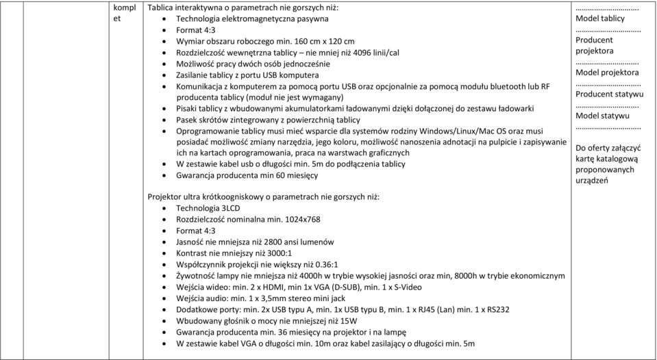 USB oraz opcjonalnie za pomocą modułu bluetooth lub RF producenta tablicy (moduł nie jest wymagany) Pisaki tablicy z wbudowanymi akumulatorkami ładowanymi dzięki dołączonej do zestawu ładowarki Pasek