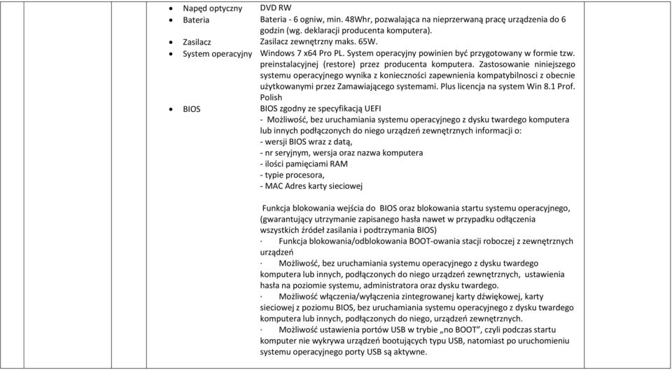 Zastosowanie niniejszego systemu operacyjnego wynika z konieczności zapewnienia kompatybilnosci z obecnie użytkowanymi przez Zamawiającego systemami. Plus licencja na system Win 8.1 Prof.