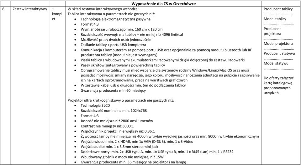 160 cm x 120 cm Rozdzielczość wewnętrzna tablicy nie mniej niż 4096 linii/cal Możliwość pracy dwóch osób jednocześnie Zasilanie tablicy z portu USB komputera Komunikacja z komputerem za pomocą portu