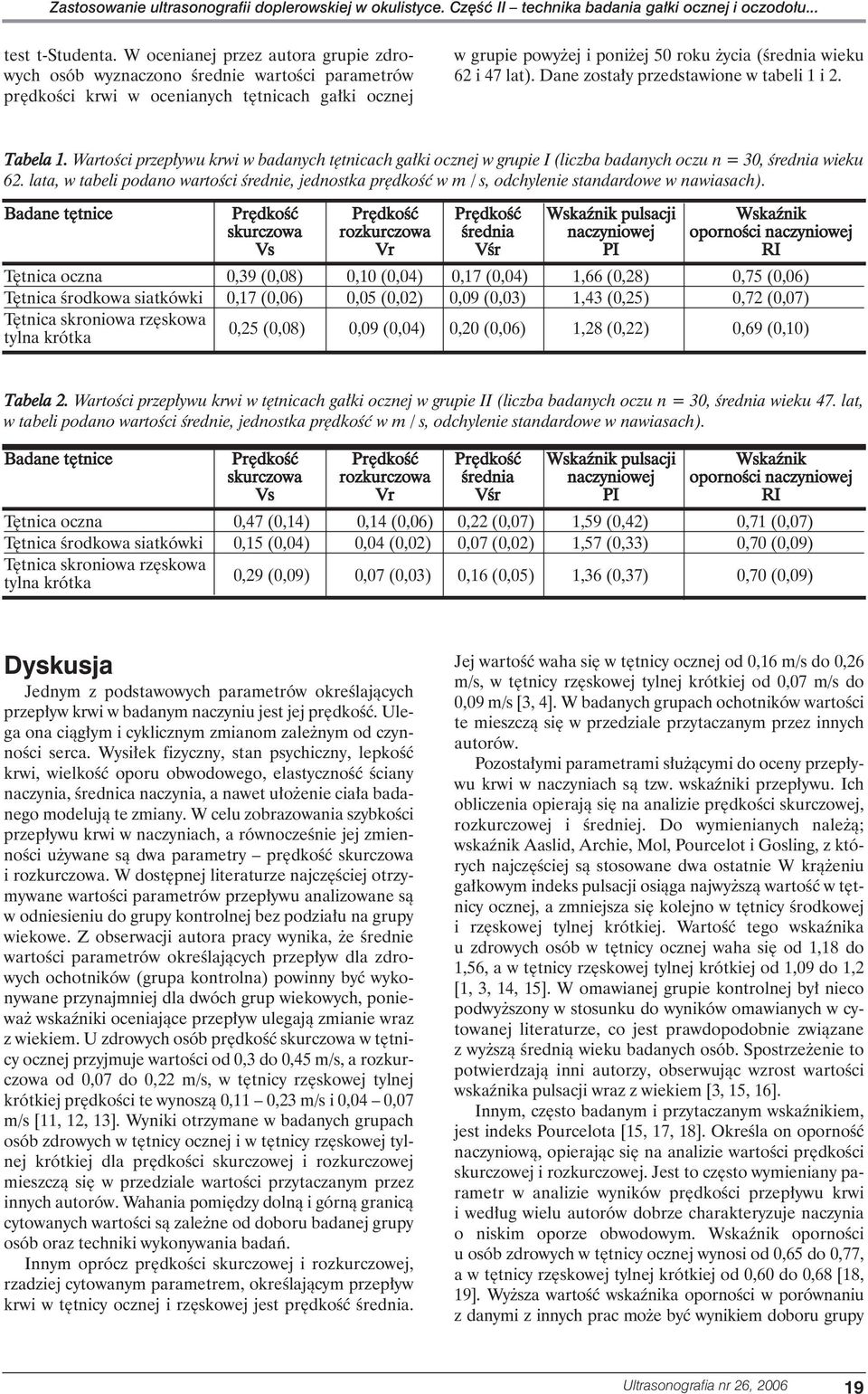 lat). Dane zosta y przedstawione w tabeli 1 i 2. Tabela 1. WartoÊci przep ywu krwi w badanych t tnicach ga ki ocznej w grupie I (liczba badanych oczu n = 30, Êrednia wieku 62.