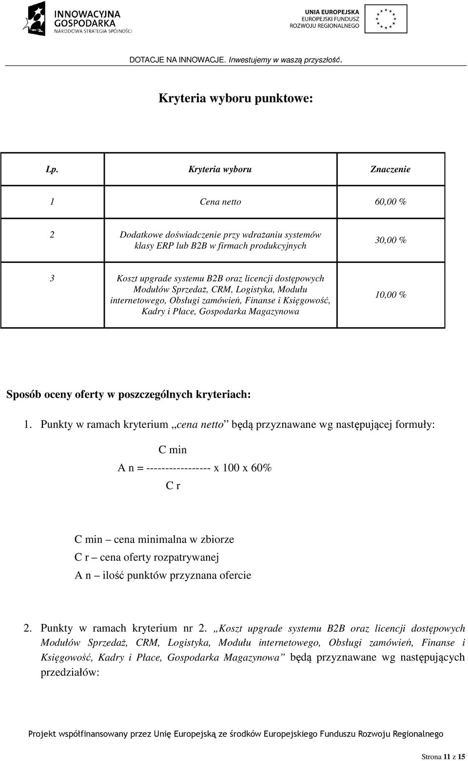 dostępowych Modułów Sprzedaż, CRM, Logistyka, Modułu internetowego, Obsługi zamówień, Finanse i Księgowość, Kadry i Płace, Gospodarka Magazynowa 10,00 % Sposób oceny oferty w poszczególnych