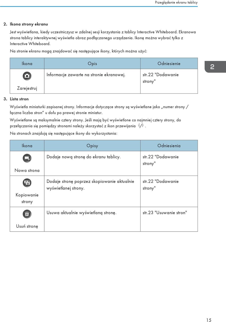 Na stronie ekranu mogą znajdować się następujące ikony, których można użyć: Ikona Opis Odniesienie Zarejestruj Informacje zawarte na stronie ekranowej. str.22 "Dodawanie strony" 3.