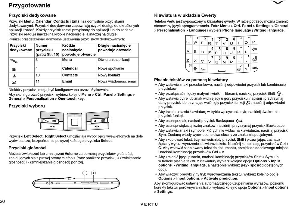 Poniżej przedstawiono domyślne ustawienia przycisków dedykowanych: Przyciski dedykowane Niektóry przyciski mogą być konfigurowane przez użytkownika.