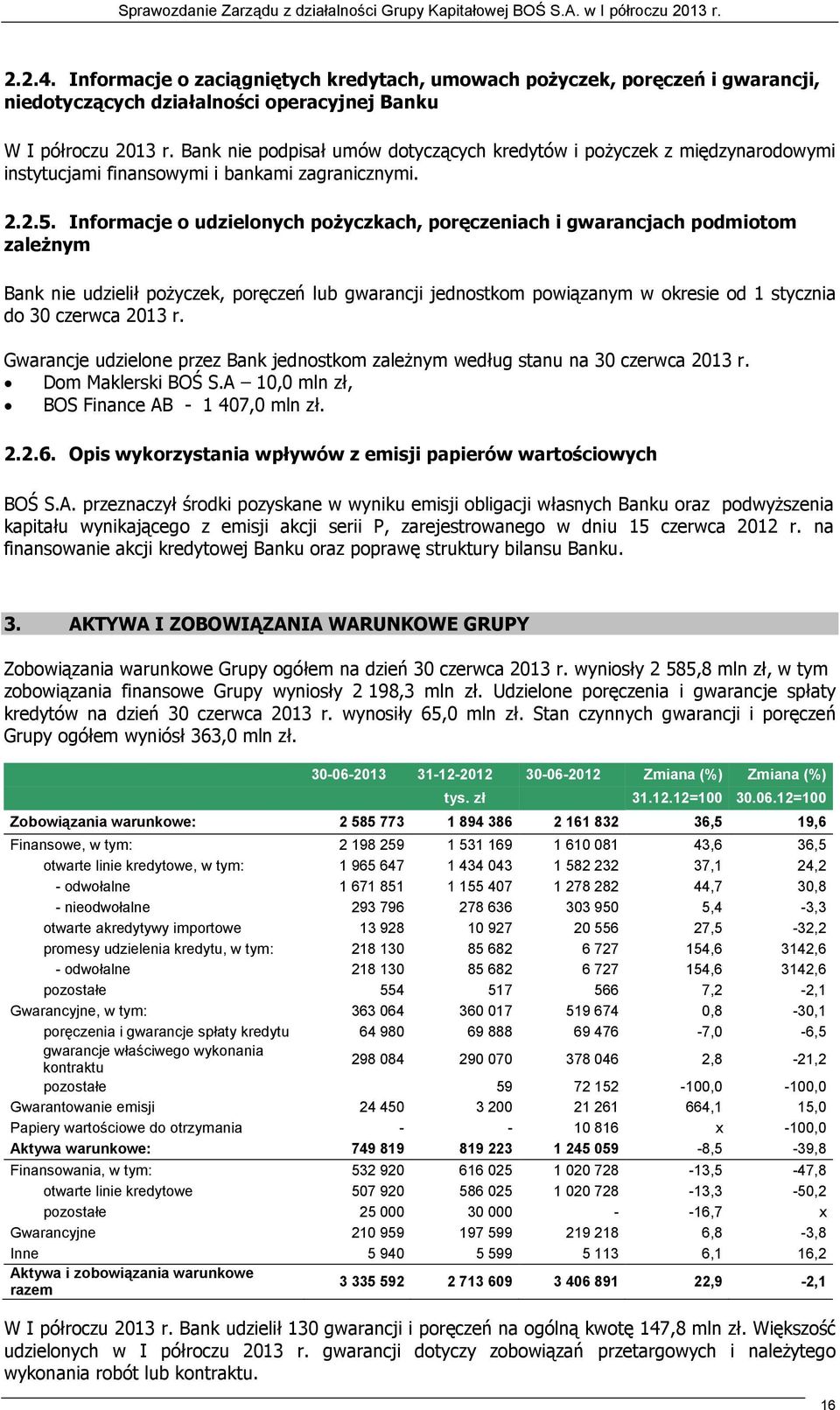 Informacje o udzielonych poŝyczkach, poręczeniach i gwarancjach podmiotom zaleŝnym Bank nie udzielił poŝyczek, poręczeń lub gwarancji jednostkom powiązanym w okresie od 1 stycznia do 30 czerwca 2013