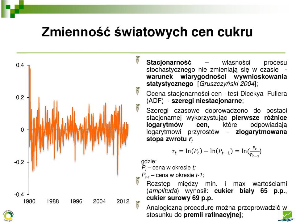 pierwsze różnice logarytmów cen, które odpowiadają logarytmowi przyrostów zlogarytmowana stopa zwrotu r t / ) = ln 0 ) ln 0 )12 = ln 3 4 5 ) 4 567 gdzie: P t cena w okresie t; P t-1 cena