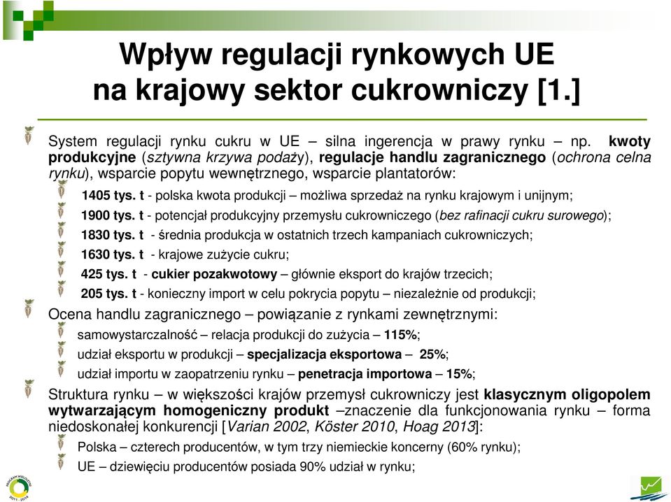 t - polska kwota produkcji możliwa sprzedaż na rynku krajowym i unijnym; 1900 tys. t - potencjał produkcyjny przemysłu cukrowniczego (bez rafinacji cukru surowego); 1830 tys.