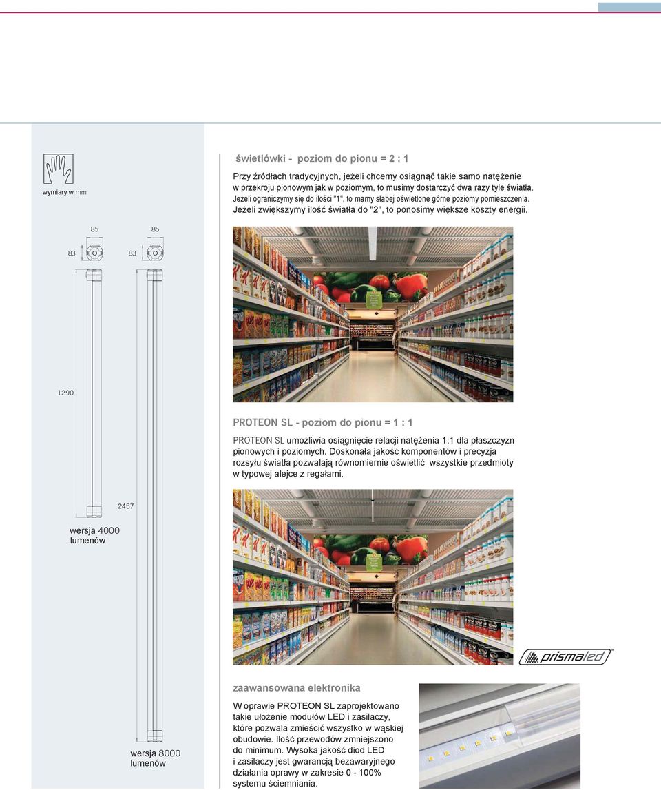 85 85 83 83 1290 PROTEON SL - poziom do pionu = 1 : 1 PROTEON SL umożliwia osiągnięcie relacji natężenia 1:1 dla płaszczyzn pionowych i poziomych.