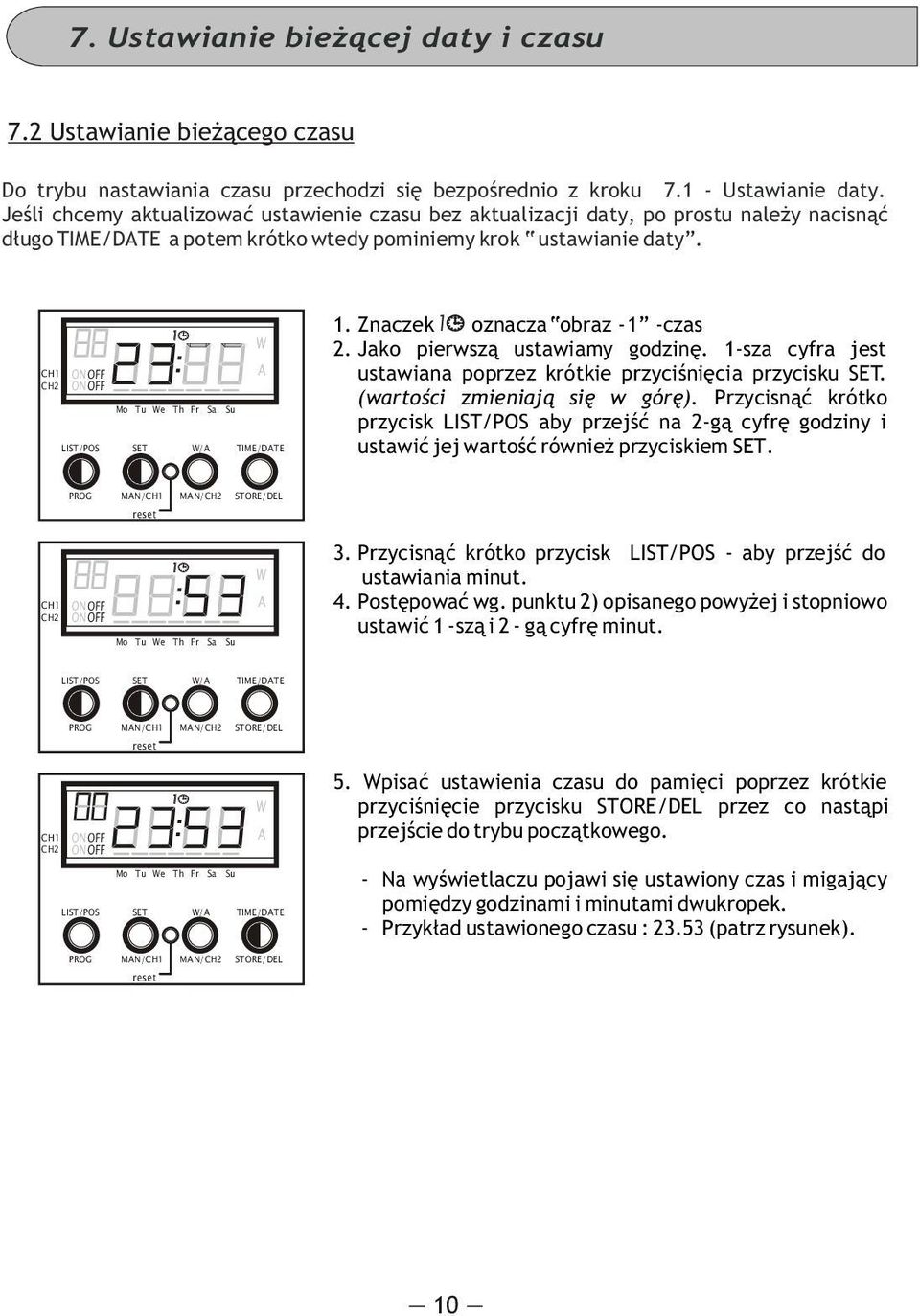 Tu e Th Fr Sa Su LIST/POS SET / TIME/DTE. Znaczek oznacza obraz - -czas. Jako pierwsz¹ ustawiamy godzinê. -sza cyfra jest ustawiana poprzez krótkie przyciœniêcia przycisku SET.