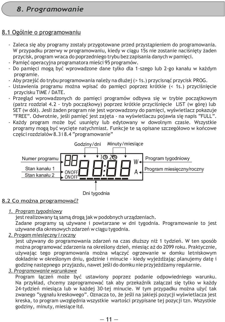 - Pamiêæ operacyjna programatora mieœci 95 programów. - Do pamiêci mog¹ byæ wprowadzone dane tylko dla -szego lub -go kana³u w ka dym programie.