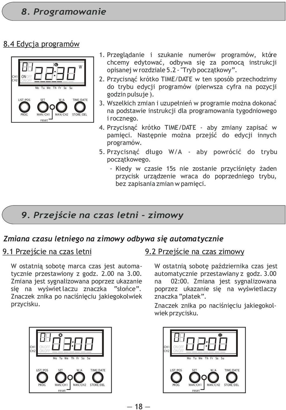 . Przycisn¹æ krótko TIME/DTE w ten sposób przechodzimy do trybu edycji programów (pierwsza cyfra na pozycji godzin pulsuje ). 3.