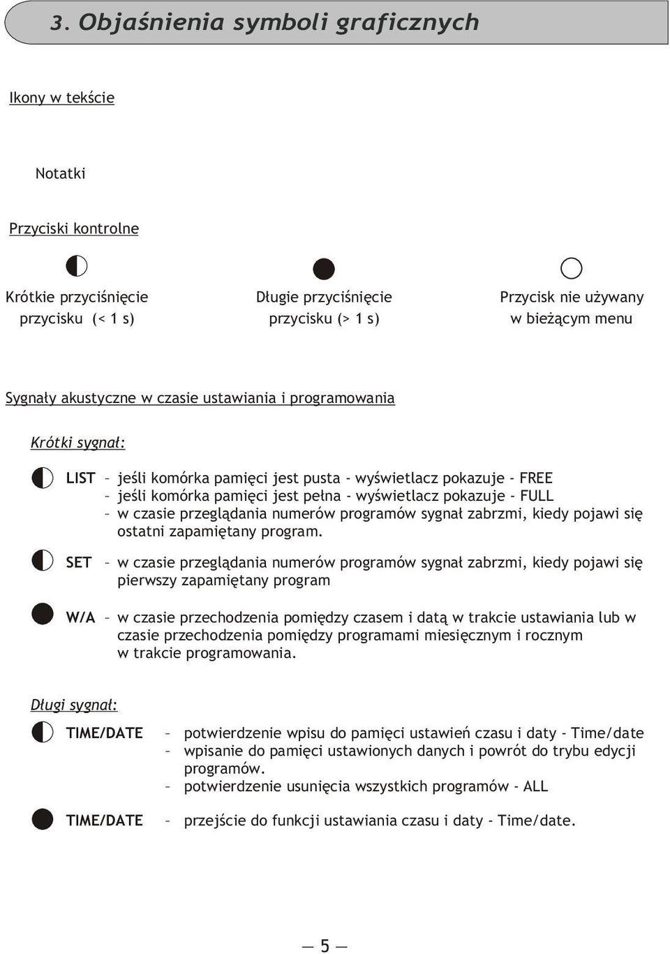 pokazuje - FULL w czasie przegl¹dania numerów programów sygna³ zabrzmi, kiedy pojawi siê ostatni zapamiêtany program.