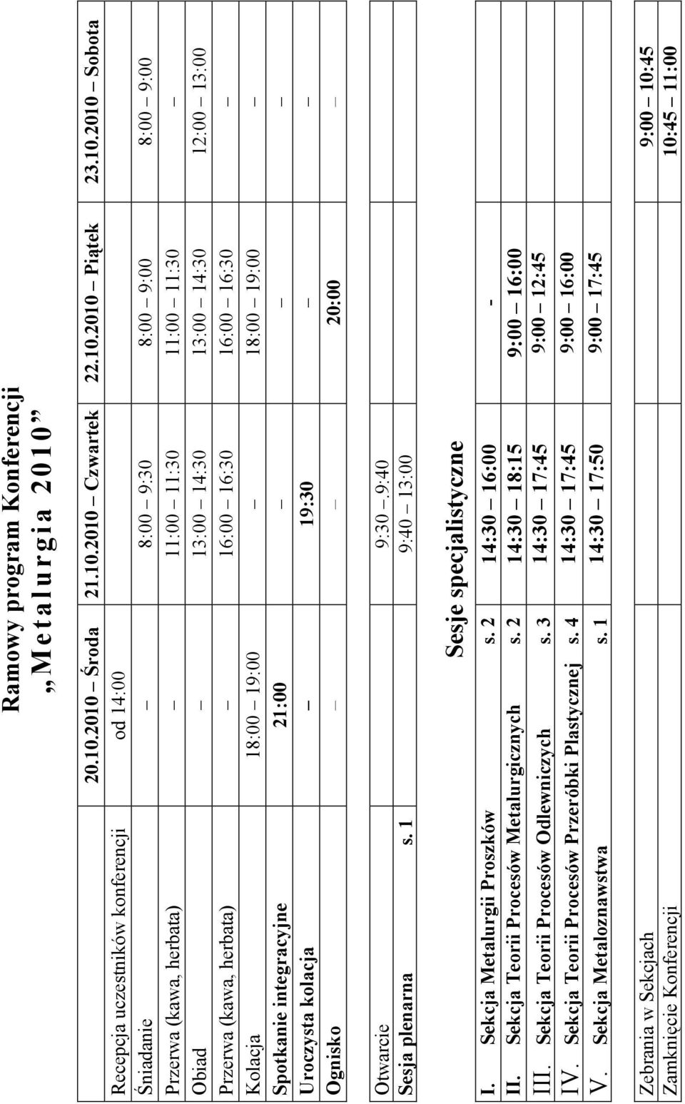 2010 Środa 21.10.2010 Czwartek 22.10.2010 Piątek 23.10.2010 Sobota Recepcja uczestników konferencji od 14:00 Śniadanie 8:00 9:30 8:00 9:00 8:00 9:00 (kawa, herbata) 11:00 11:30 11:00 11:30 Obiad