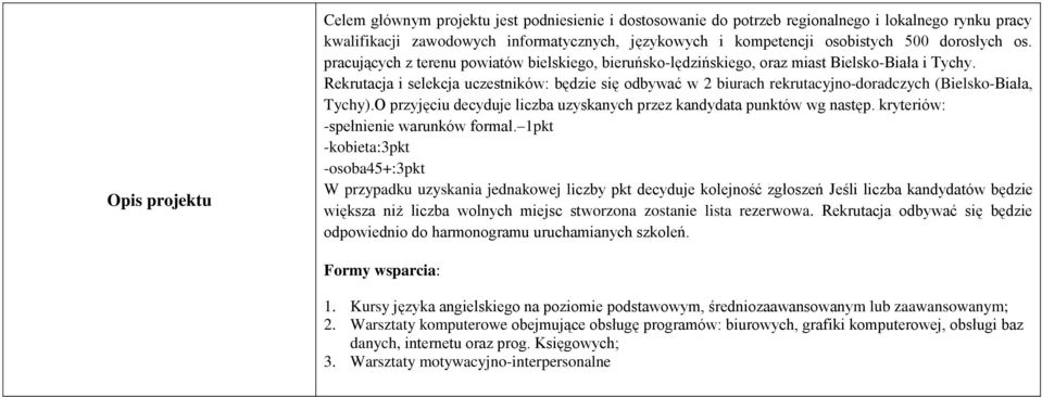 Rekrutacja i selekcja uczestników: będzie się odbywać w 2 biurach rekrutacyjno-doradczych (Bielsko-Biała, Tychy).O przyjęciu decyduje liczba uzyskanych przez kandydata punktów wg następ.