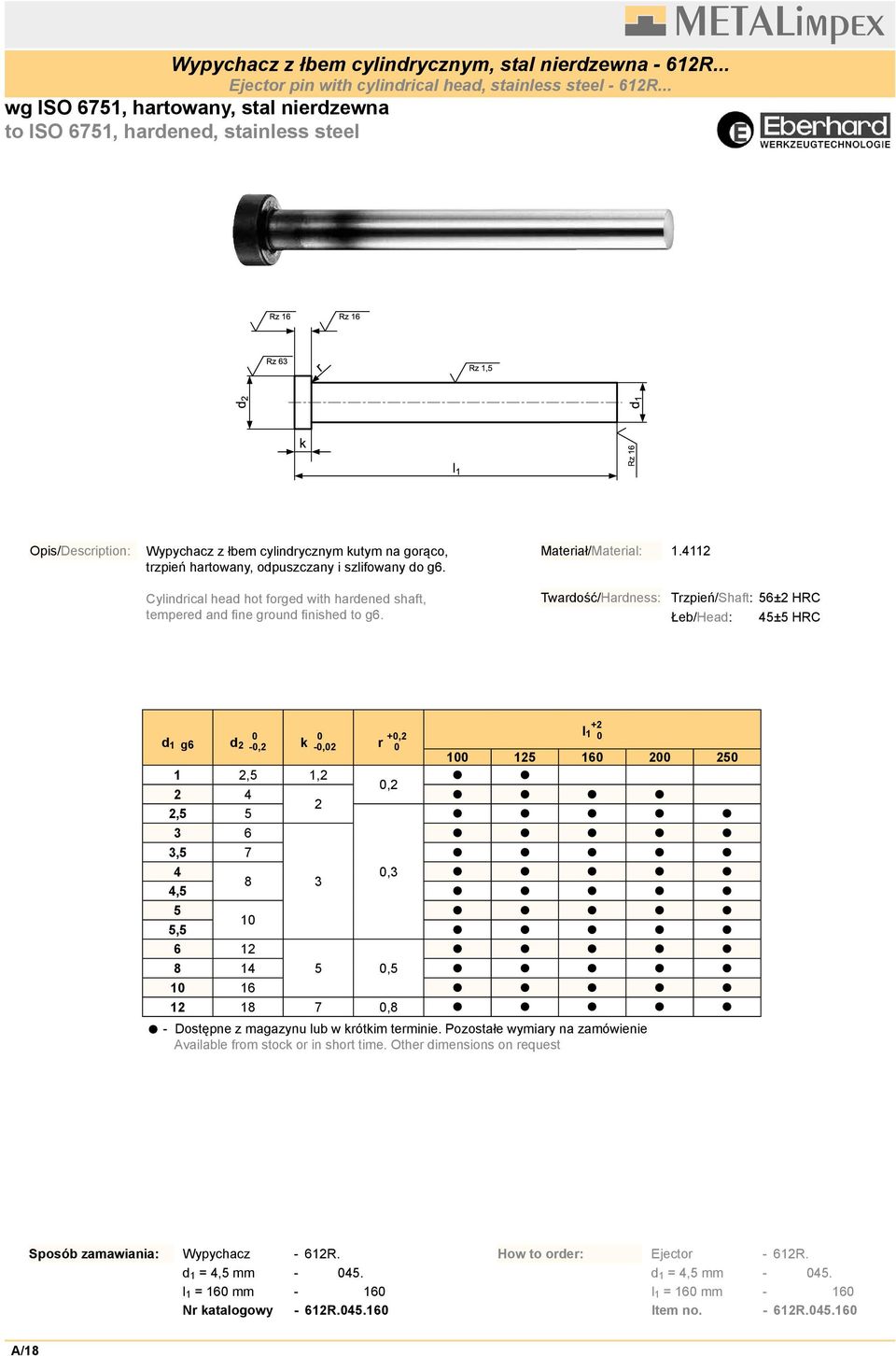 Materiał/Material: 1.4112 Cylindrical head hot forged with hardened shaft, tempered and fine ground finished to g6.