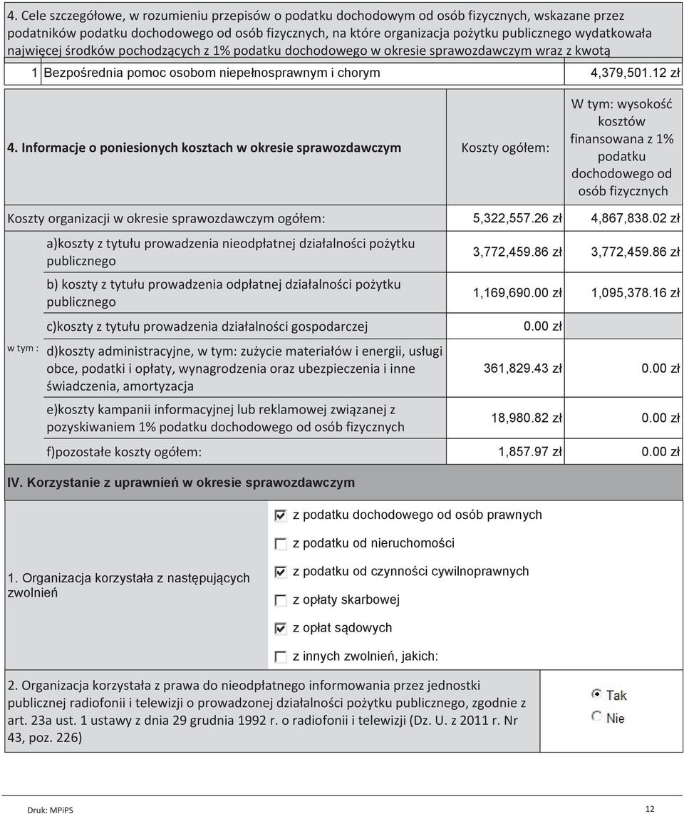 Informacje o poniesionych kosztach w okresie sprawozdawczym Koszty ogółem: W tym: wysokość kosztów finansowana z 1% podatku dochodowego od osób fizycznych Koszty organizacji w okresie sprawozdawczym