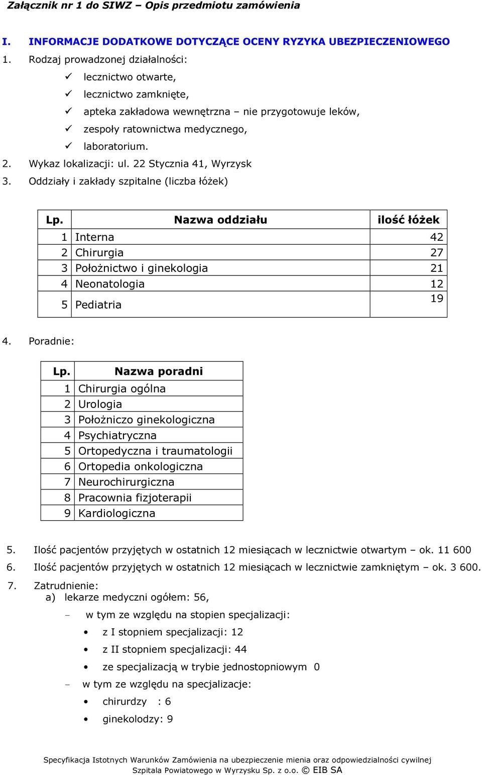 22 Stycznia 41, Wyrzysk 3. Oddziały i zakłady szpitalne (liczba łóżek) Lp. Nazwa oddziału ilość łóżek 1 Interna 42 2 Chirurgia 27 3 Położnictwo i ginekologia 21 4 Neonatologia 12 5 Pediatria 19 4.