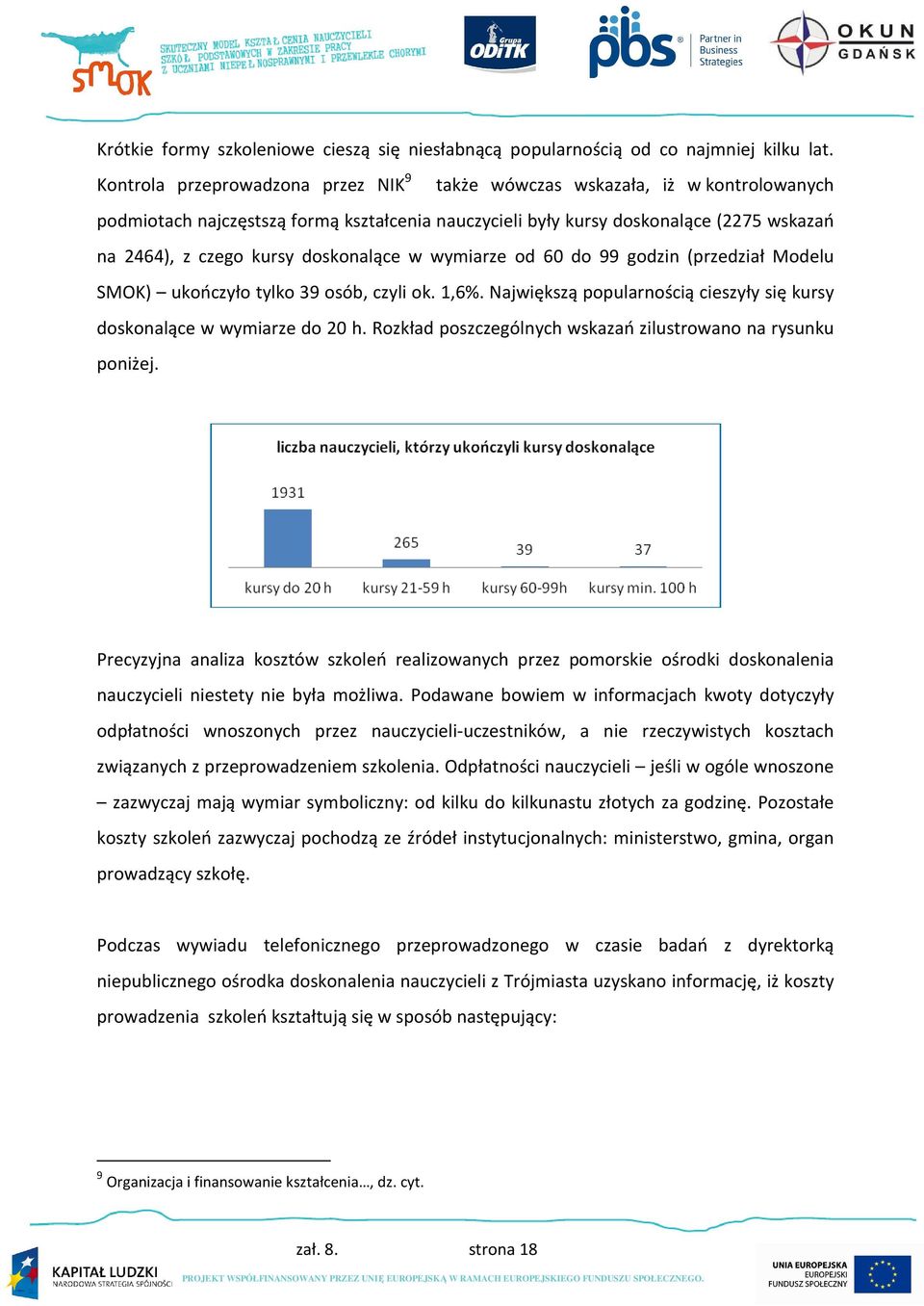 doskonalące w wymiarze od 60 do 99 godzin (przedział Modelu SMOK) ukończyło tylko 39 osób, czyli ok. 1,6%. Największą popularnością cieszyły się kursy doskonalące w wymiarze do 20 h.