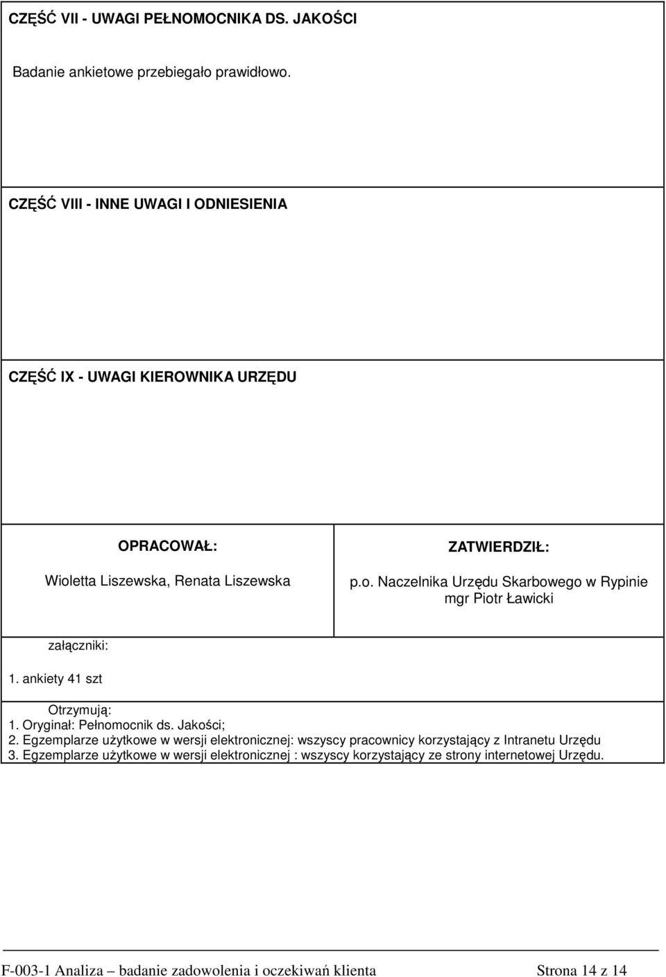 etta Liszewska, Renata Liszewska ZATWIERDZIŁ: p.o. Naczelnika Urzędu Skarbowego w Rypinie mgr Piotr Ławicki załączniki: 1. ankiety 41 szt Otrzymują: 1.