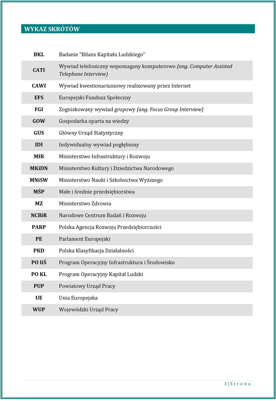Focus Group Interview) Gospodarka oparta na wiedzy Główny Urząd Statystyczny Indywidualny wywiad pogłębiony Ministerstwo Infrastruktury i Rozwoju Ministerstwo Kultury i Dziedzictwa Narodowego
