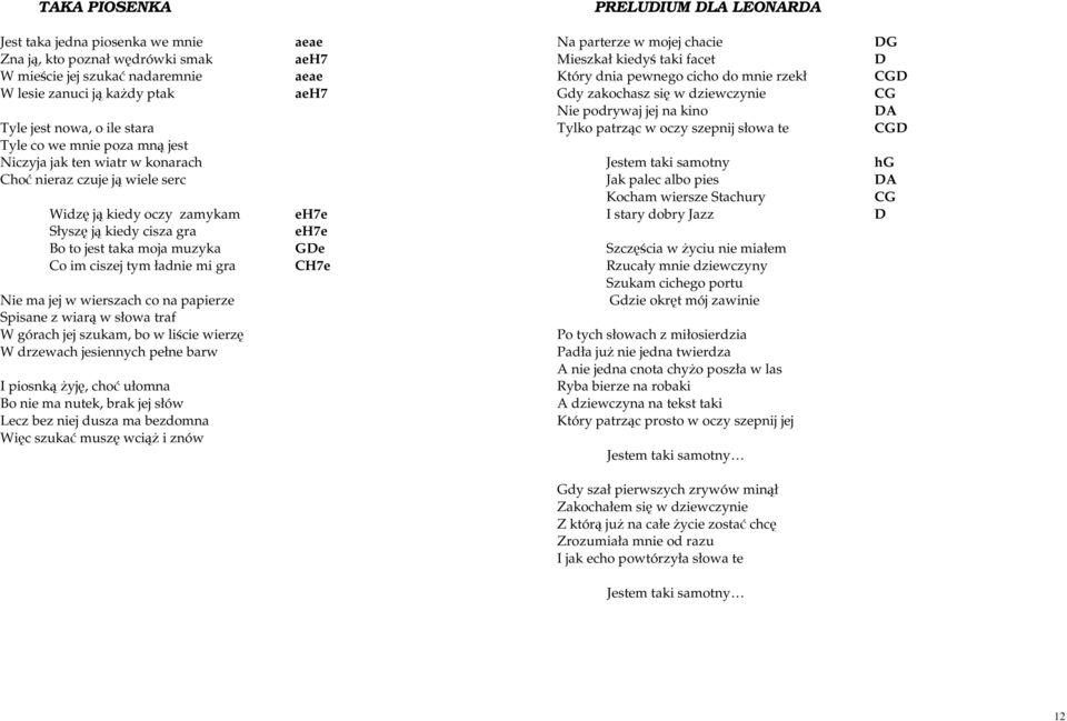 ładnie mi gra CH7e Nie ma jej w wierszach co na papierze Spisane z wiarą w słowa traf W górach jej szukam, bo w liście wierzę W drzewach jesiennych pełne barw I piosnką Ŝyję, choć ułomna Bo nie ma