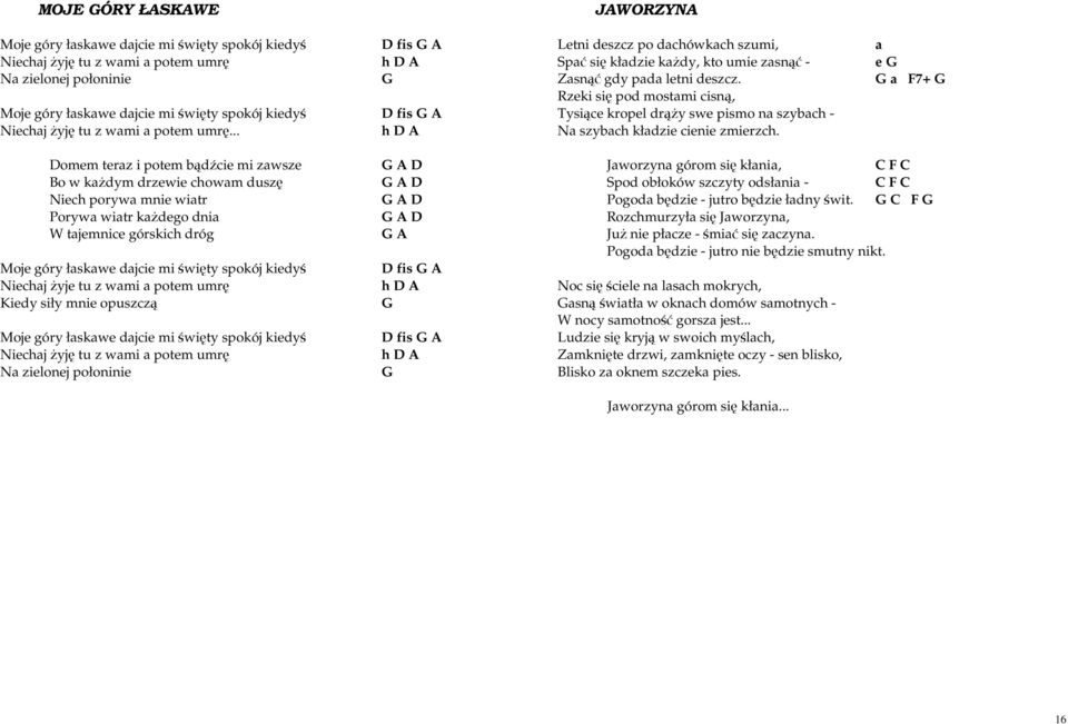 .. h D A Domem teraz i potem bądźcie mi zawsze G A D Bo w kaŝdym drzewie chowam duszę G A D Niech porywa mnie wiatr G A D Porywa wiatr kaŝdego dnia G A D W tajemnice górskich dróg G A Moje góry