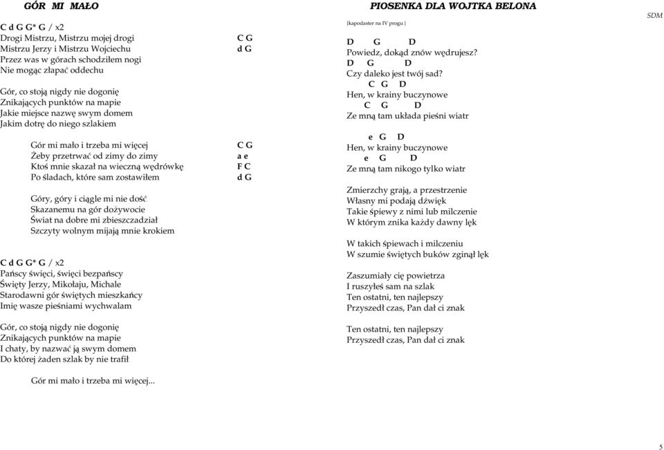 C Po śladach, które sam zostawiłem d G Góry, góry i ciągle mi nie dość Skazanemu na gór doŝywocie Świat na dobre mi zbieszczadział Szczyty wolnym mijają mnie krokiem C d G G* G / x2 Pańscy święci,