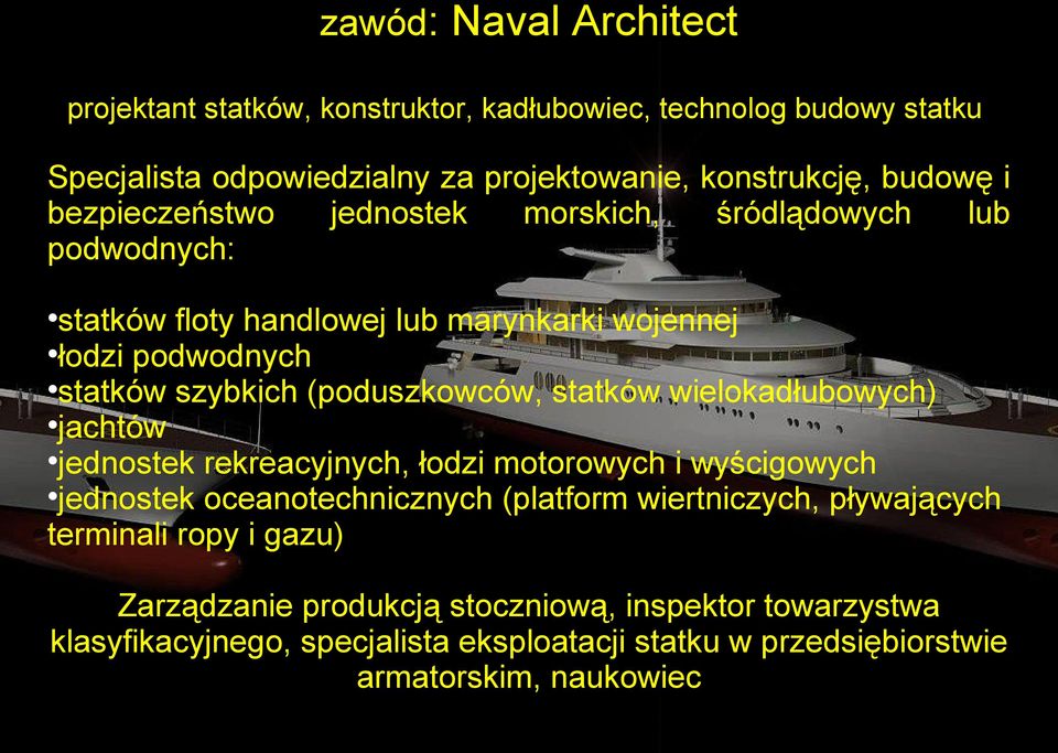 statków wielokadłubowych) jachtów jednostek rekreacyjnych, łodzi motorowych i wyścigowych jednostek oceanotechnicznych (platform wiertniczych, pływających