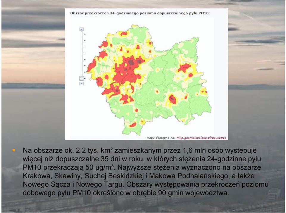 24-godzinne pyłu PM10 przekraczają 50 µg/m³.