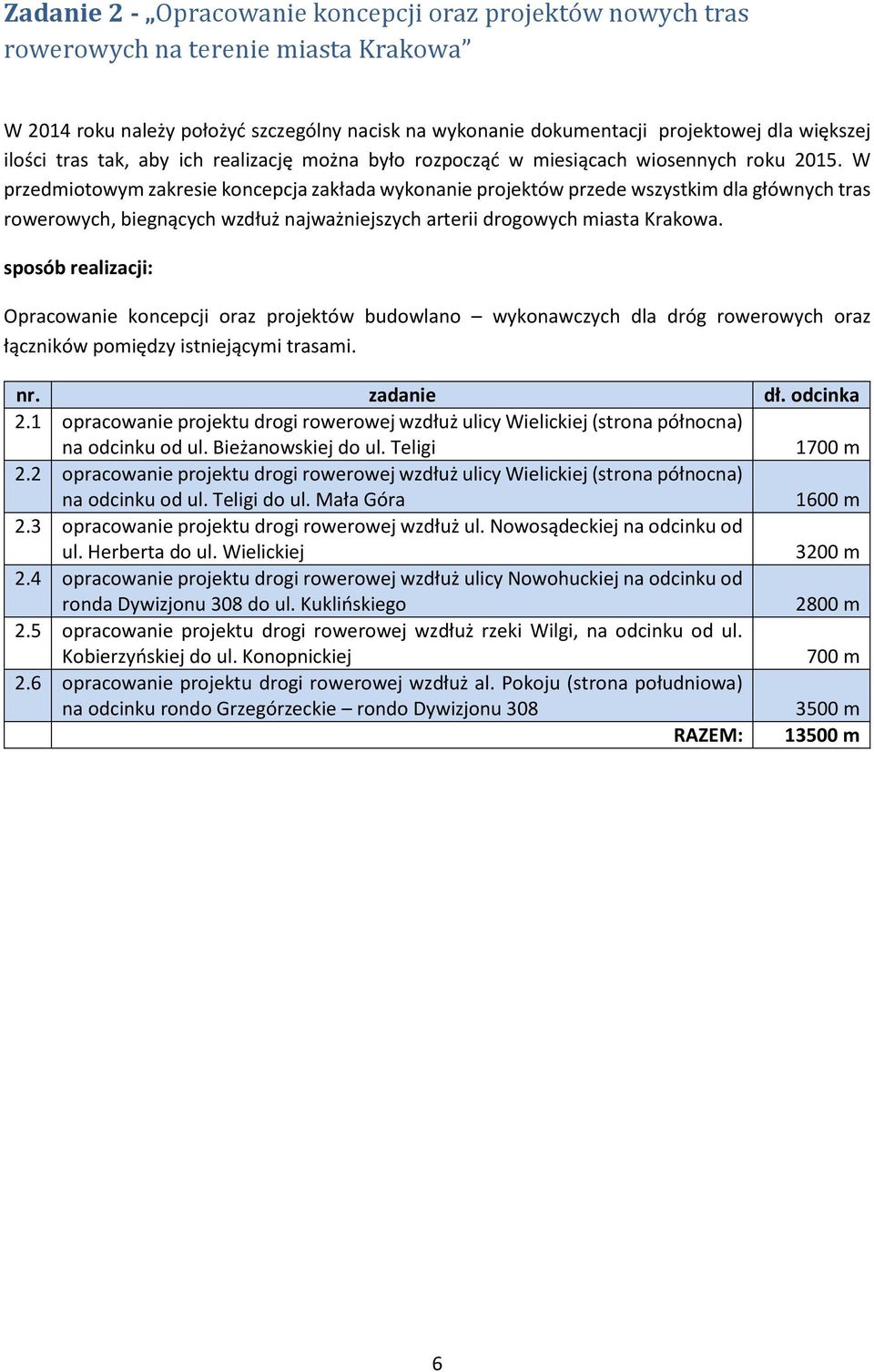 W przedmiotowym zakresie koncepcja zakłada wykonanie projektów przede wszystkim dla głównych tras rowerowych, biegnących wzdłuż najważniejszych arterii drogowych miasta Krakowa.