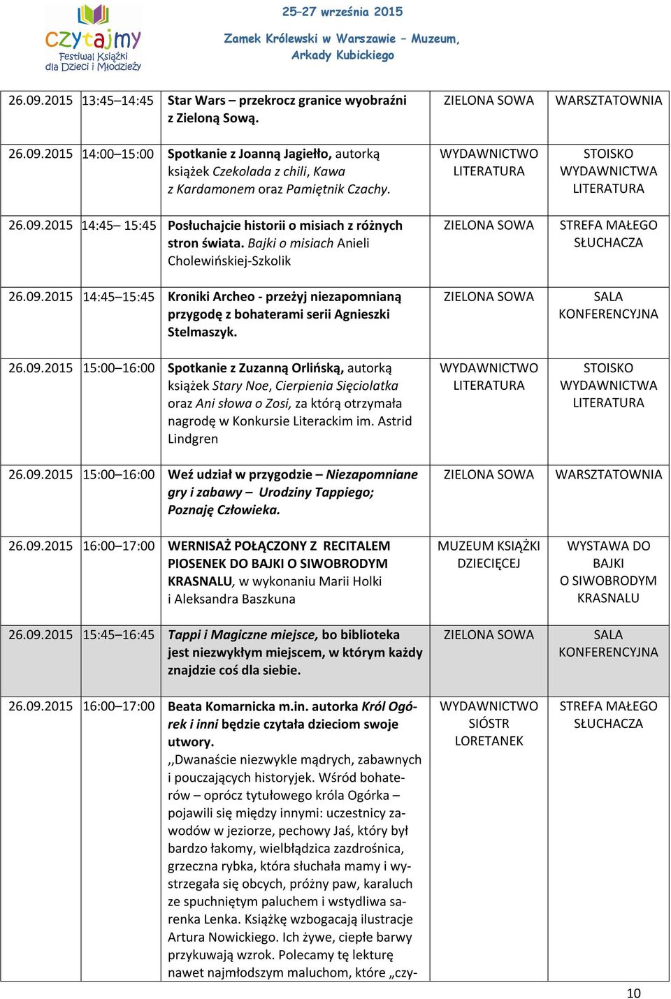 26.09.2015 15:00 16:00 Spotkanie z Zuzanną Orlińską, autorką książek Stary Noe, Cierpienia Sięciolatka oraz Ani słowa o Zosi, za którą otrzymała nagrodę w Konkursie Literackim im. Astrid Lindgren 26.