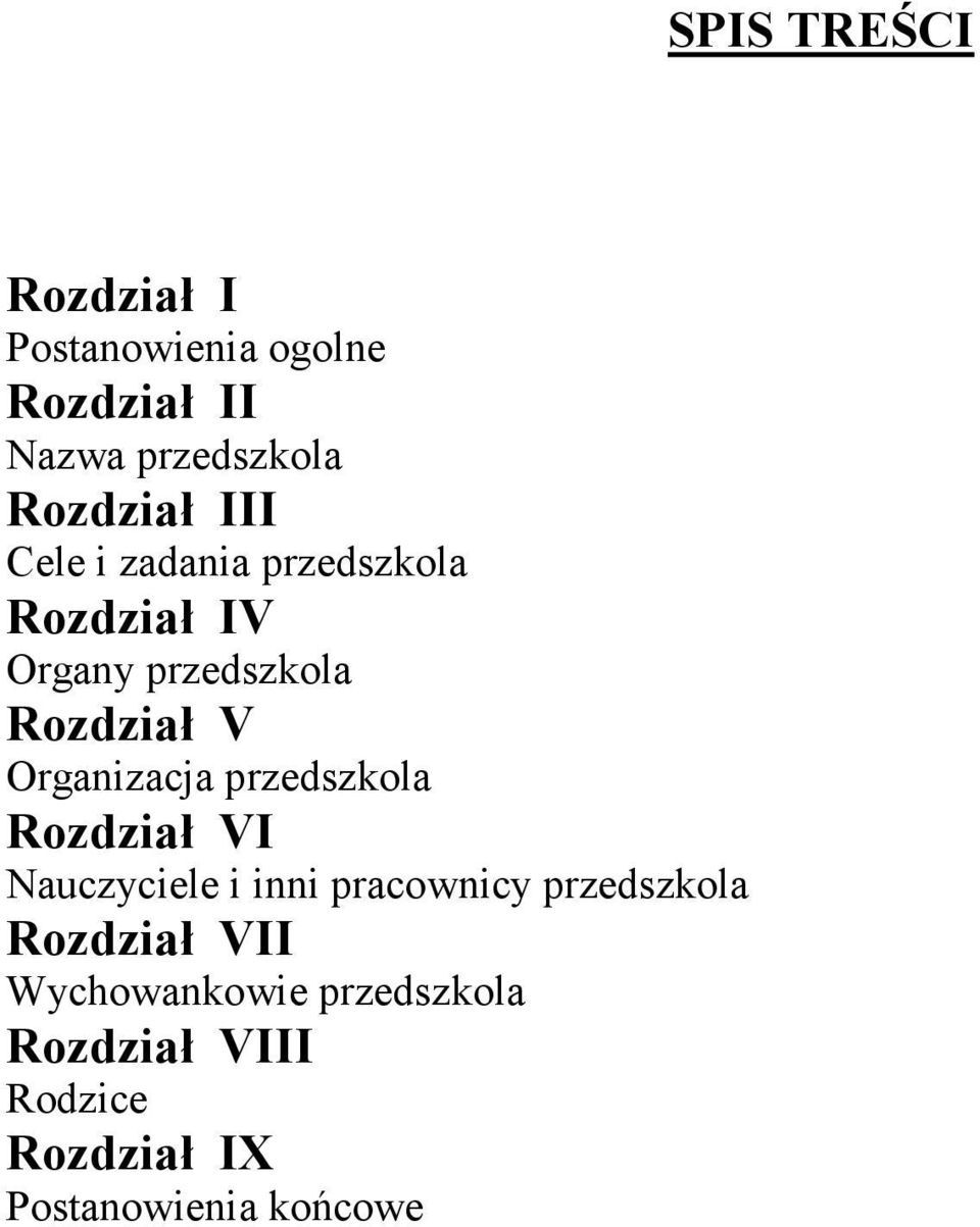 przedszkola Rozdział VI Nauczyciele i inni pracownicy przedszkola Rozdział VII