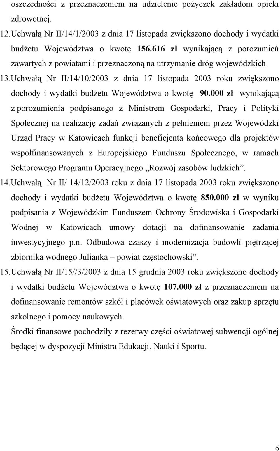 Uchwałą Nr II/14/10/2003 z dnia 17 listopada 2003 roku zwiększono dochody i wydatki budżetu Województwa o kwotę 90.