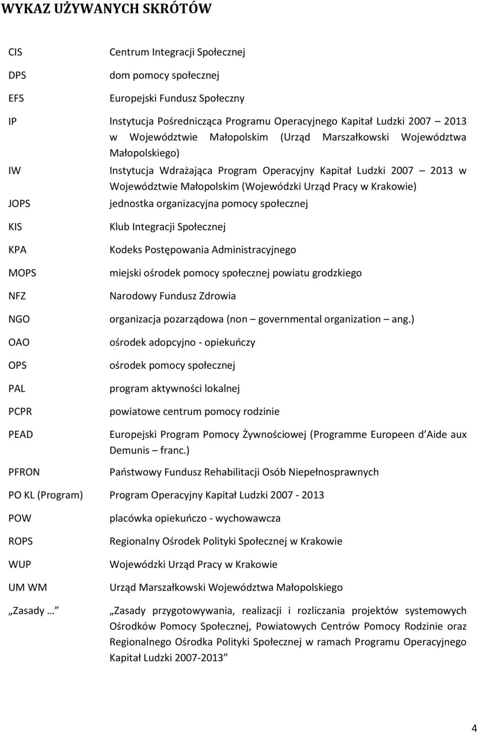 Krakowie) jednostka organizacyjna pomocy społecznej KIS KPA MOPS NFZ NGO OAO OPS PAL PCPR PEAD PFRON Klub Integracji Społecznej Kodeks Postępowania Administracyjnego miejski ośrodek pomocy społecznej