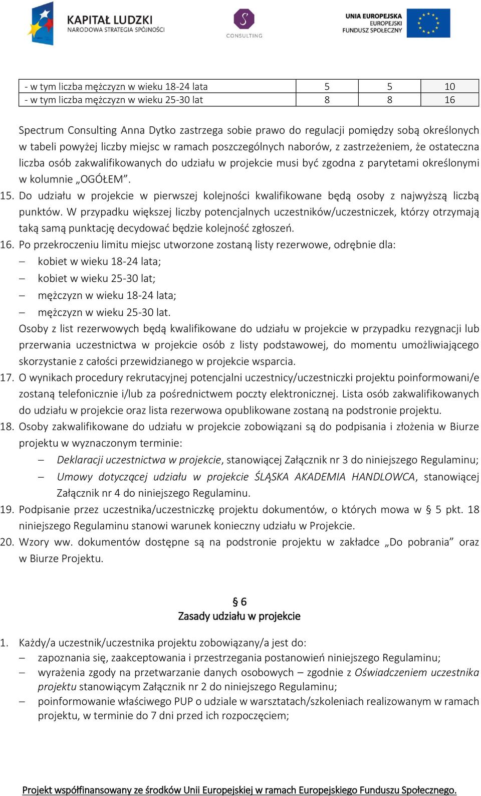 15. Do udziału w projekcie w pierwszej kolejności kwalifikowane będą osoby z najwyższą liczbą punktów.