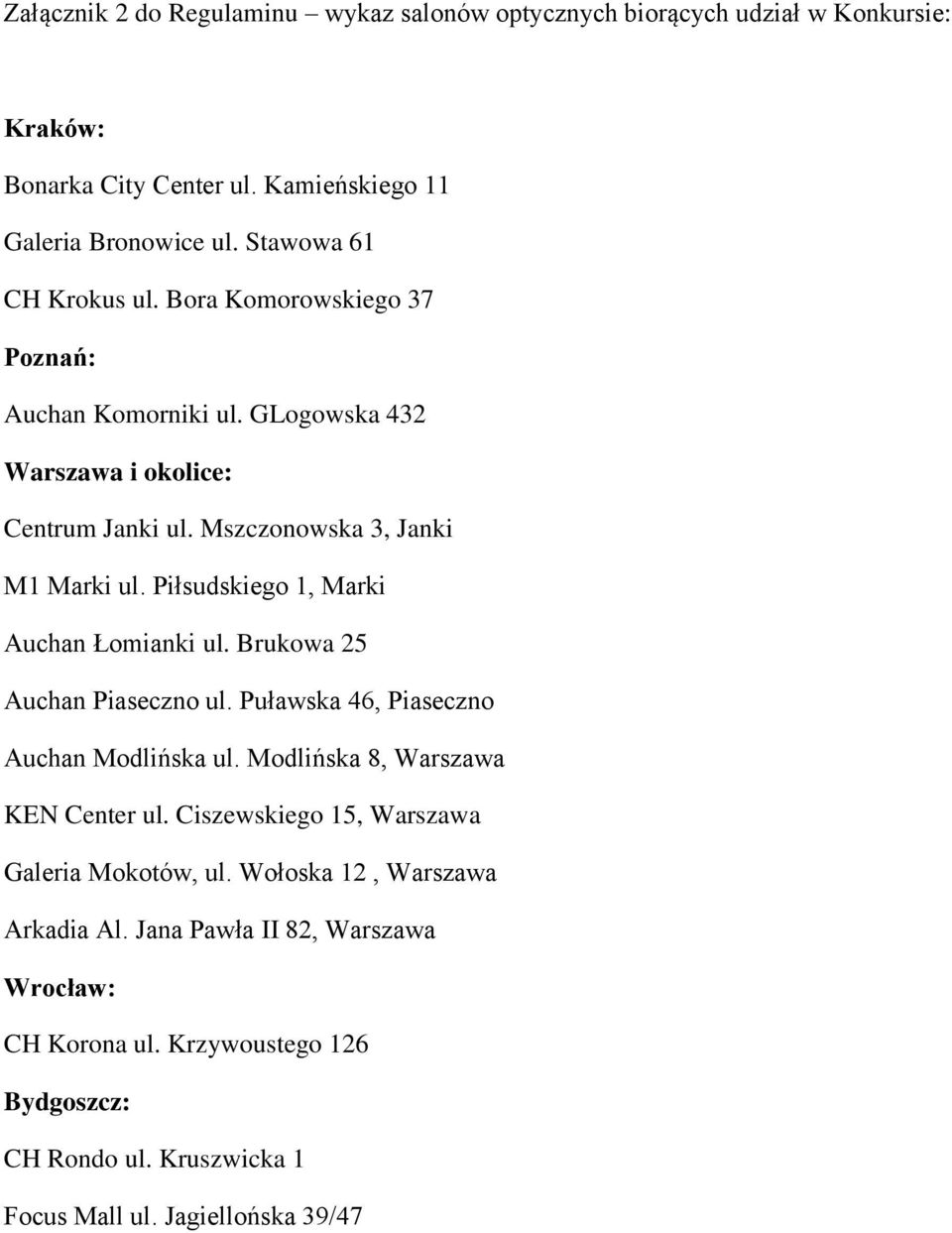 Piłsudskiego 1, Marki Auchan Łomianki ul. Brukowa 25 Auchan Piaseczno ul. Puławska 46, Piaseczno Auchan Modlińska ul. Modlińska 8, Warszawa KEN Center ul.