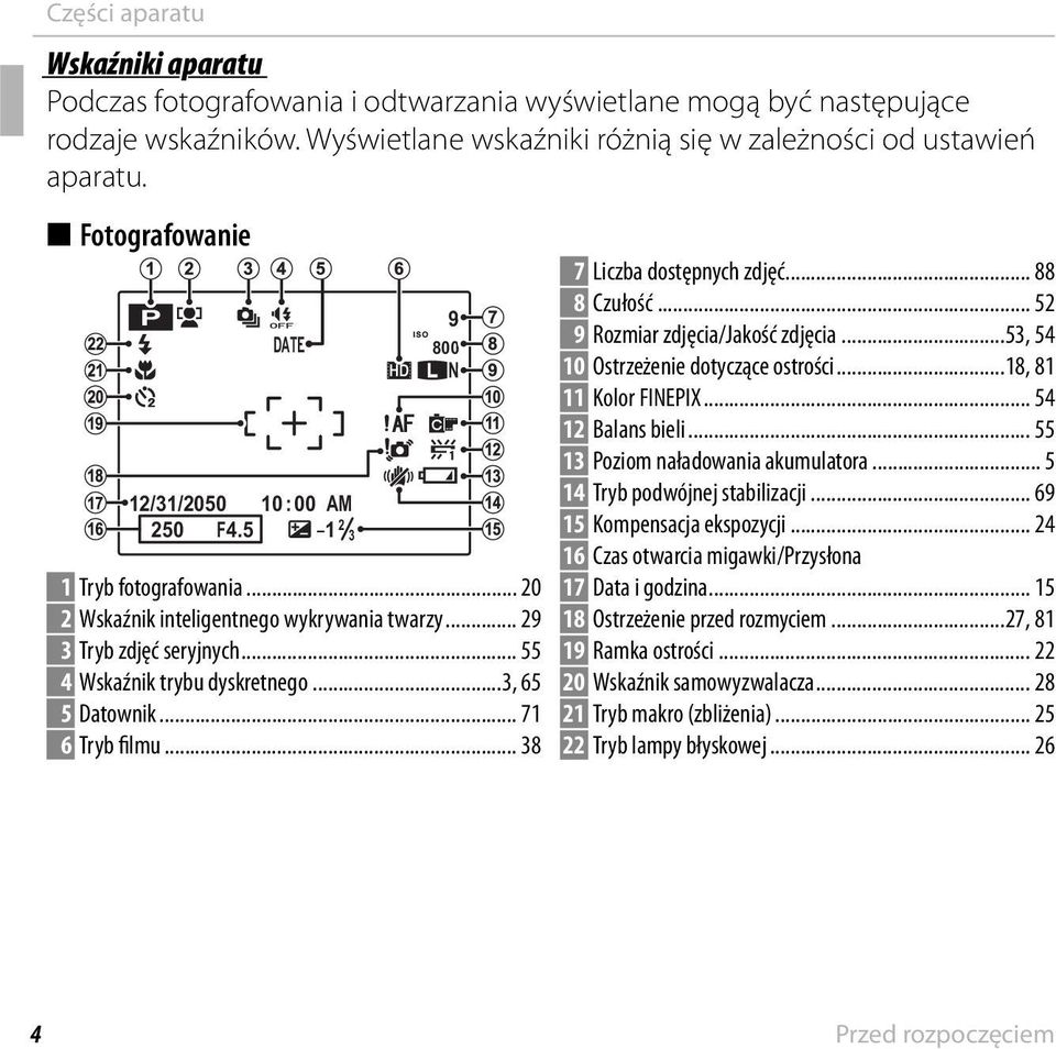 .. 55 4 Wskaźnik trybu dyskretnego...3, 65 5 Datownik... 71 6 Tryb filmu... 38 7 Liczba dostępnych zdjęć... 88 8 Czułość... 52 9 Rozmiar zdjęcia/jakość zdjęcia.