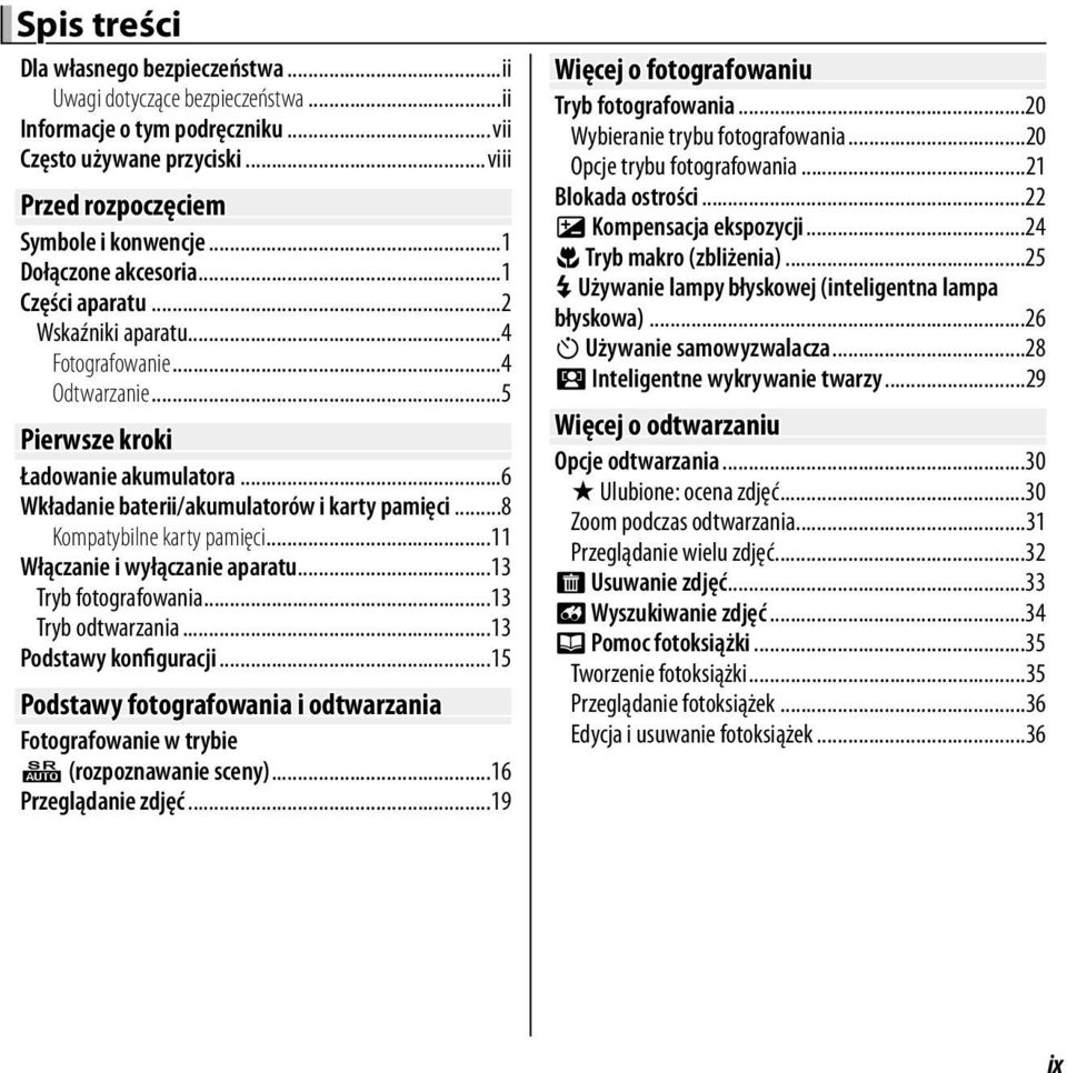 ..8 Kompatybilne karty pamięci...11 Włączanie i wyłączanie aparatu...13 Tryb fotografowania...13 Tryb odtwarzania...13 Podstawy konfiguracji.