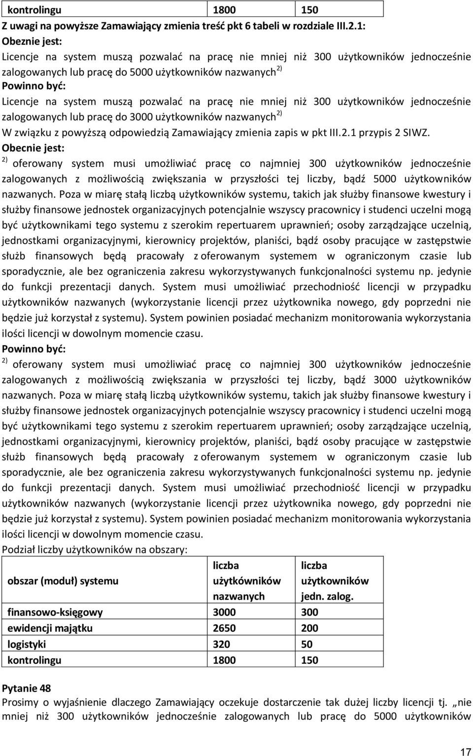 pozwalad na pracę nie mniej niż 300 użytkowników jednocześnie zalogowanych lub pracę do 3000 użytkowników nazwanych 2) W związku z powyższą odpowiedzią Zamawiający zmienia zapis w pkt III.2.1 przypis 2 SIWZ.