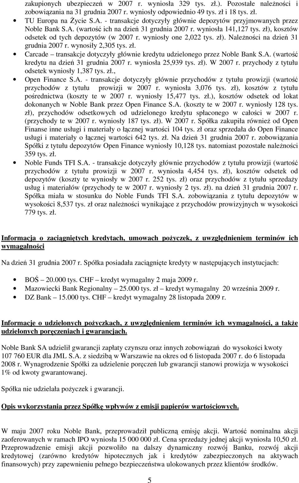 wyniosły one 2,022 tys. zł). NaleŜności na dzień 31 grudnia 2007 r. wynosiły 2,305 tys. zł. Carcade transakcje dotyczyły głównie kredytu udzielonego przez Noble Bank S.A.