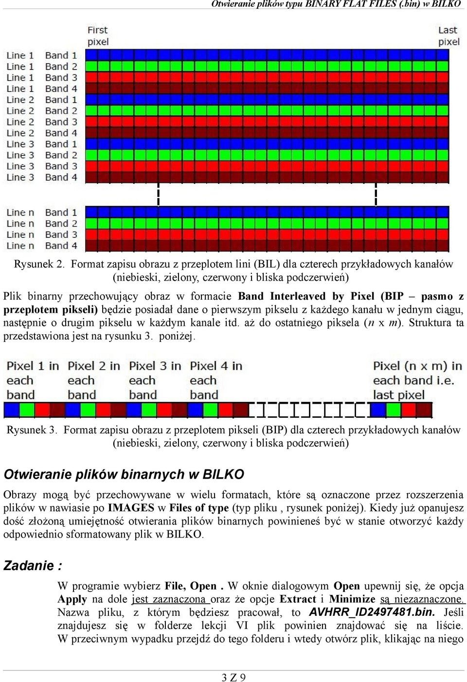 Pixel (BIP pasmo z przeplotem pikseli) będzie posiadał dane o pierwszym pikselu z każdego kanału w jednym ciągu, następnie o drugim pikselu w każdym kanale itd. aż do ostatniego piksela (n x m).