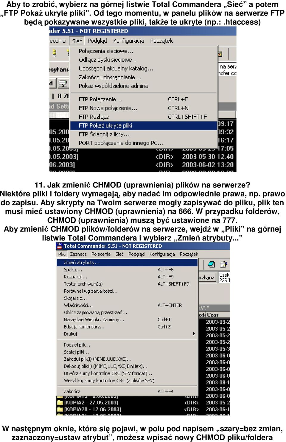 Aby skrypty na Twoim serwerze mogły zapisywać do pliku, plik ten musi mieć ustawiony CHMOD (uprawnienia) na 666. W przypadku folderów, CHMOD (uprawnienia) muszą być ustawione na 777.