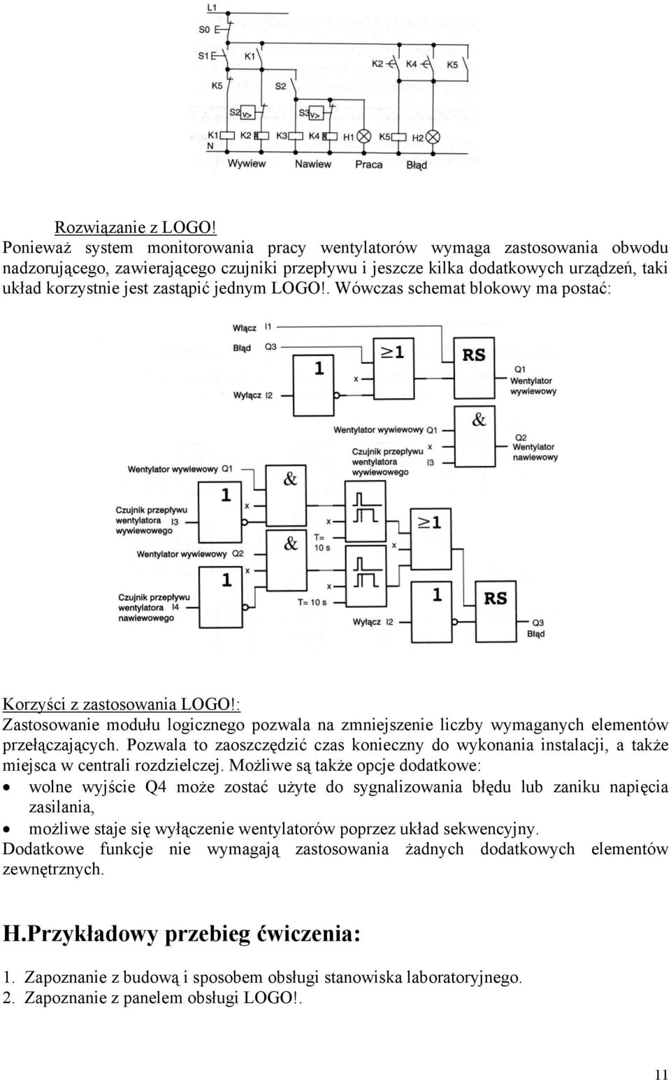 jednym LOGO!. Wówczas schemat blokowy ma postać: Korzyści z zastosowania LOGO!: Zastosowanie modułu logicznego pozwala na zmniejszenie liczby wymaganych elementów przełączających.