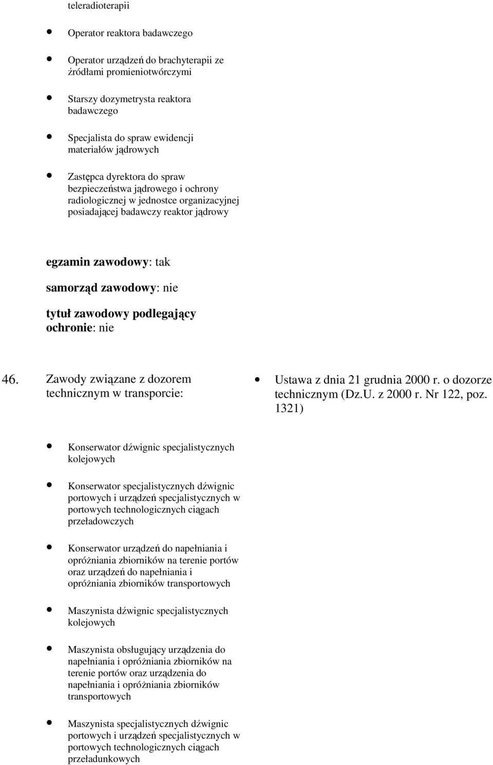 Zawody związane z dozorem technicznym w transporcie: Ustawa z dnia 21 grudnia 2000 r. o dozorze technicznym (Dz.U. z 2000 r. Nr 122, poz.