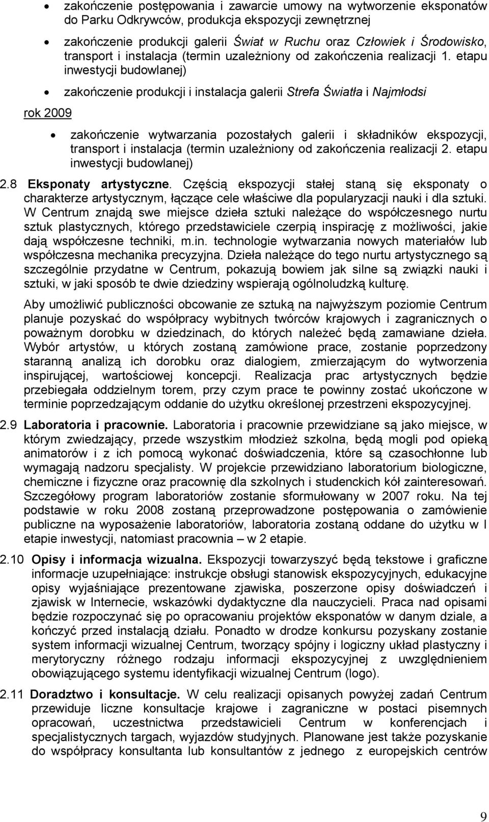 etapu inwestycji budowlanej) zakończenie produkcji i instalacja galerii Strefa Światła i Najmłodsi rok 2009 zakończenie wytwarzania pozostałych galerii i składników ekspozycji, transport i instalacja