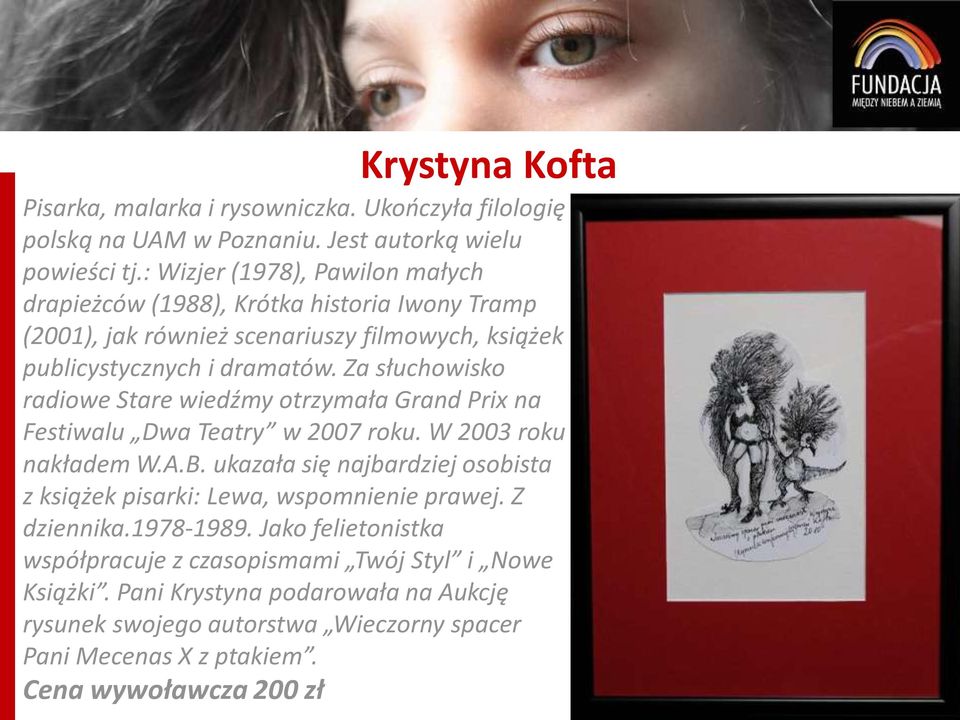 Za słuchowisko radiowe Stare wiedźmy otrzymała Grand Prix na Festiwalu Dwa Teatry w 2007 roku. W 2003 roku nakładem W.A.B.